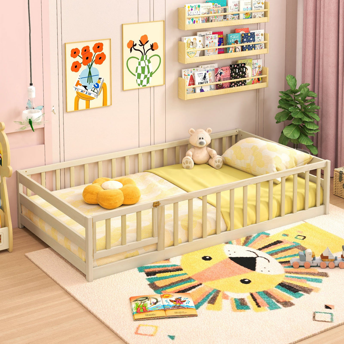 Twin Size Kids Wood Montessori Floor Bed with Door and Fence-Natural view 5