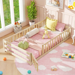 Twin Size Kids Wood Montessori Floor Bed with Door and Fence-Natural view 6