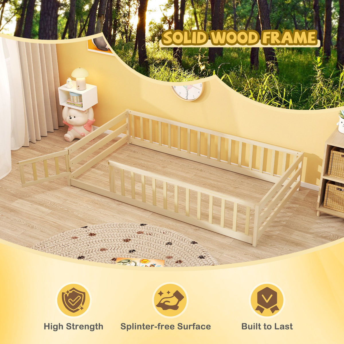 Twin Size Kids Wood Montessori Floor Bed with Door and Fence-Natural view 7