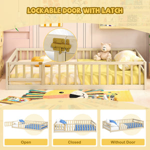 Twin Size Kids Wood Montessori Floor Bed with Door and Fence-Natural view 9