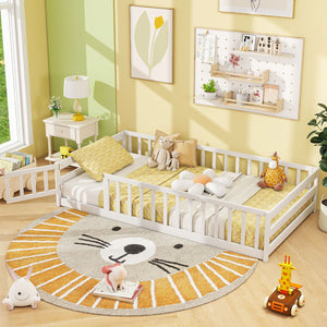 Twin Size Kids Wood Montessori Floor Bed with Door and Fence-White view 2