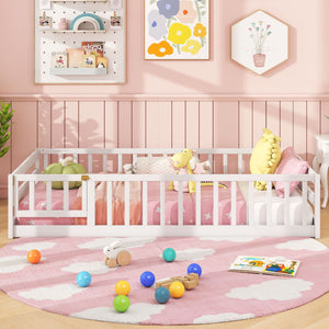 Twin Size Kids Wood Montessori Floor Bed with Door and Fence-White view 3