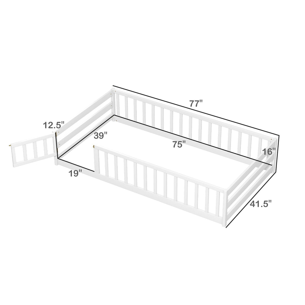 Twin Size Kids Wood Montessori Floor Bed with Door and Fence-White view 4
