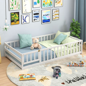 Twin Size Kids Wood Montessori Floor Bed with Door and Fence-White view 5