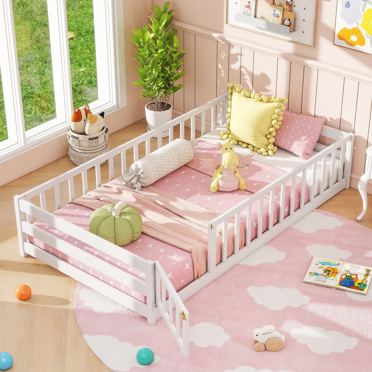 Twin Size Kids Wood Montessori Floor Bed with Door and Fence-White view 6