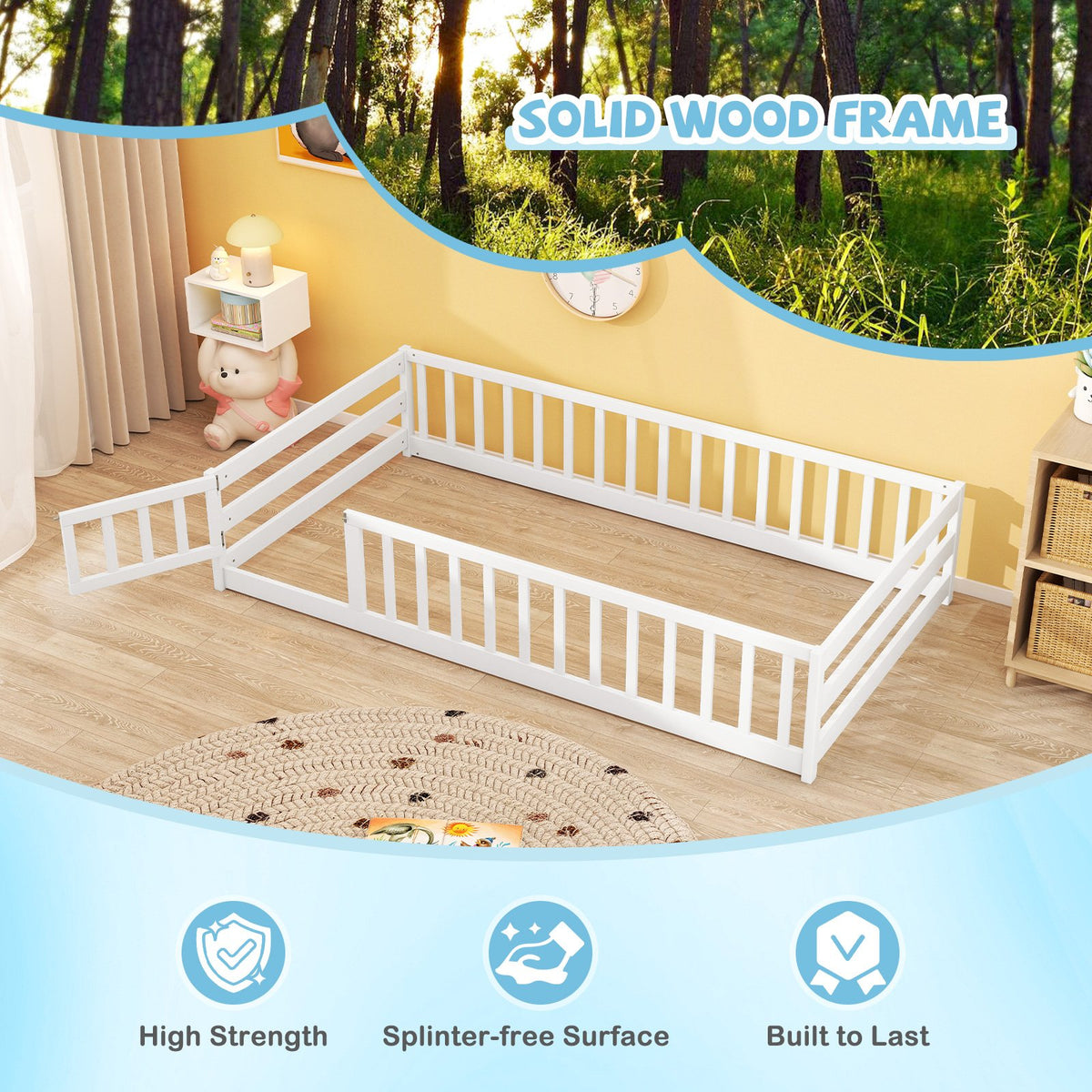 Twin Size Kids Wood Montessori Floor Bed with Door and Fence-White view 7