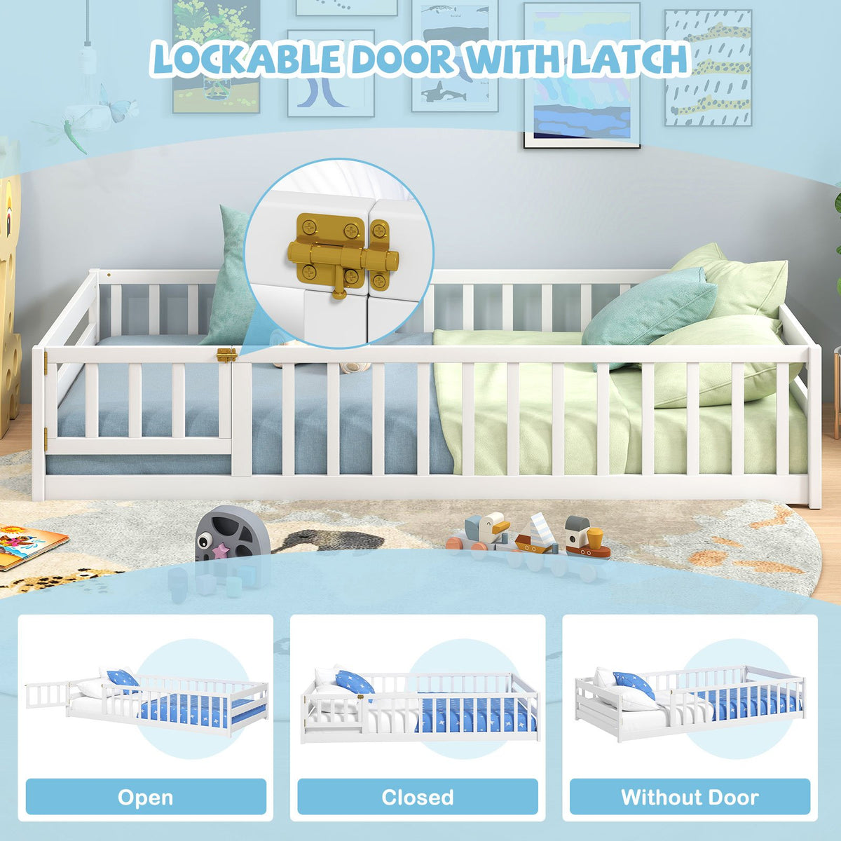Twin Size Kids Wood Montessori Floor Bed with Door and Fence-White view 9