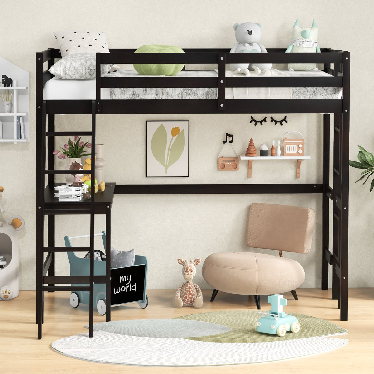 Twin Size Loft Bed Frame with Desk Angled and Built-in Ladder-Dark Brown view 2