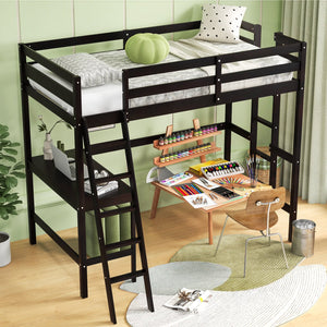 Twin Size Loft Bed Frame with Desk Angled and Built-in Ladder-Dark Brown view 3