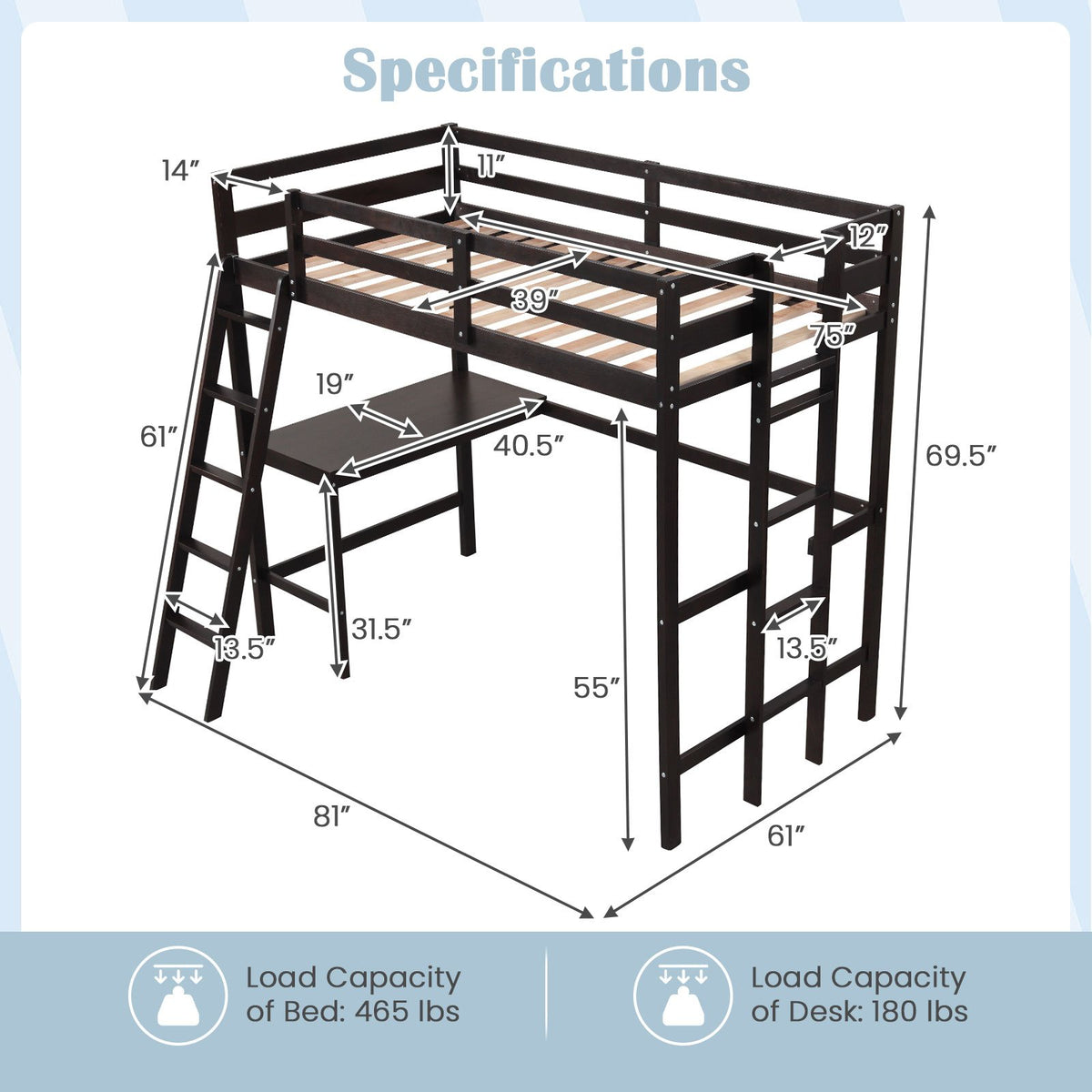 Twin Size Loft Bed Frame with Desk Angled and Built-in Ladder-Dark Brown view 4