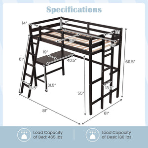 Twin Size Loft Bed Frame with Desk Angled and Built-in Ladder-Dark Brown view 4