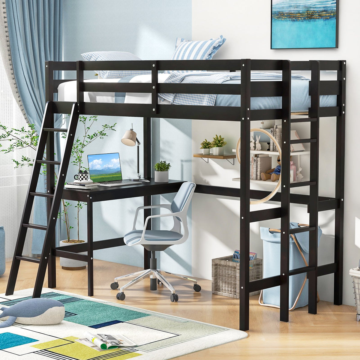 Twin Size Loft Bed Frame with Desk Angled and Built-in Ladder-Dark Brown view 5