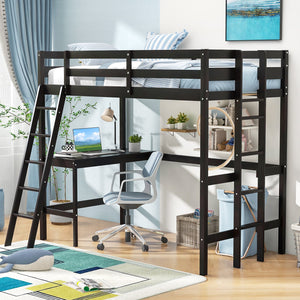Twin Size Loft Bed Frame with Desk Angled and Built-in Ladder-Dark Brown view 5