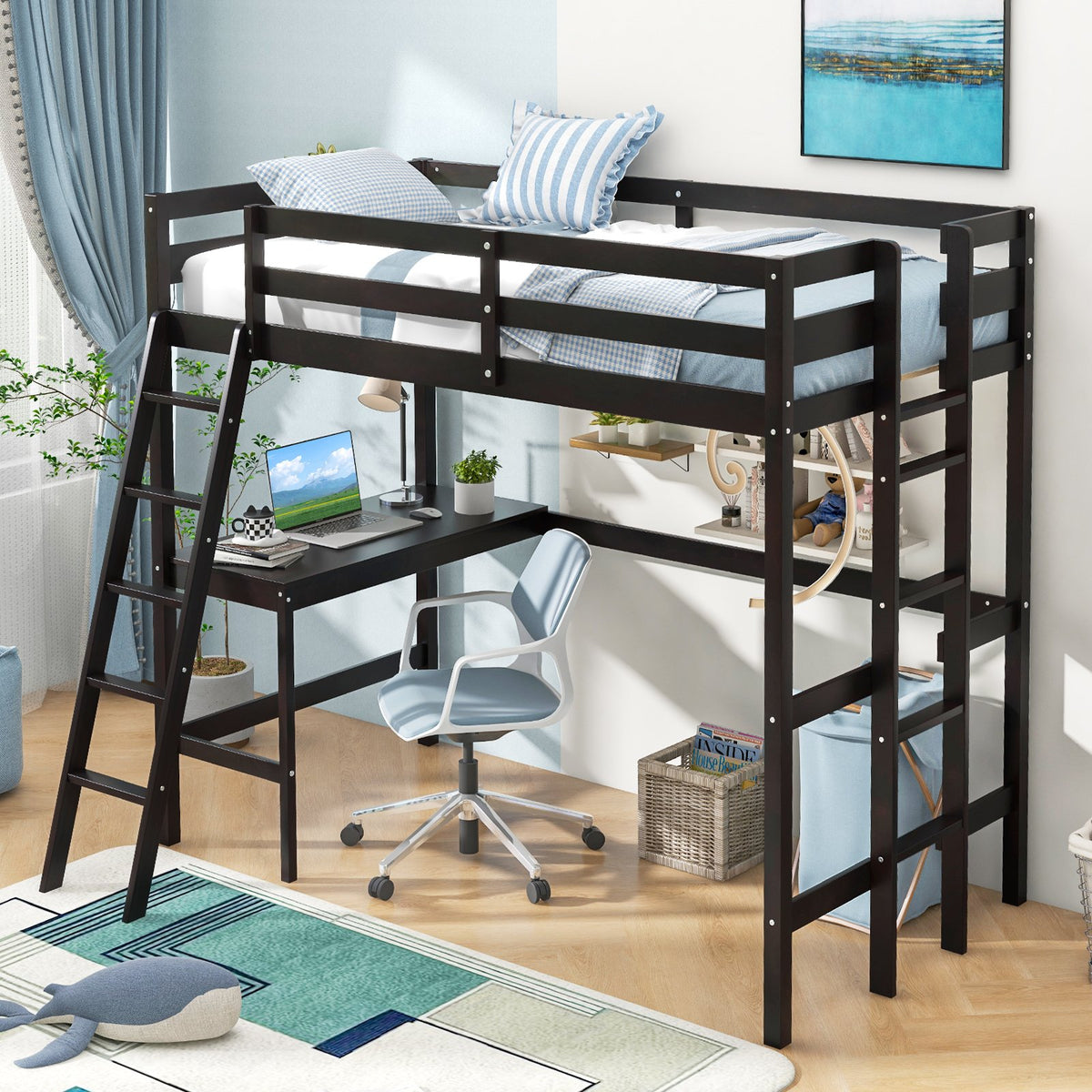 Twin Size Loft Bed Frame with Desk Angled and Built-in Ladder-Dark Brown view 6