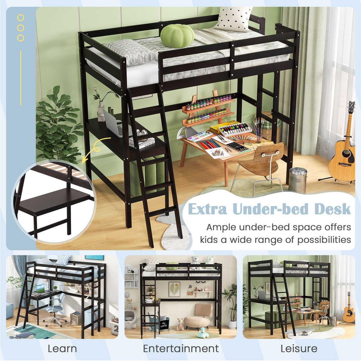 Twin Size Loft Bed Frame with Desk Angled and Built-in Ladder-Dark Brown view 8