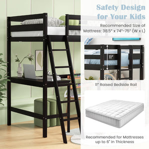 Twin Size Loft Bed Frame with Desk Angled and Built-in Ladder-Dark Brown view 9