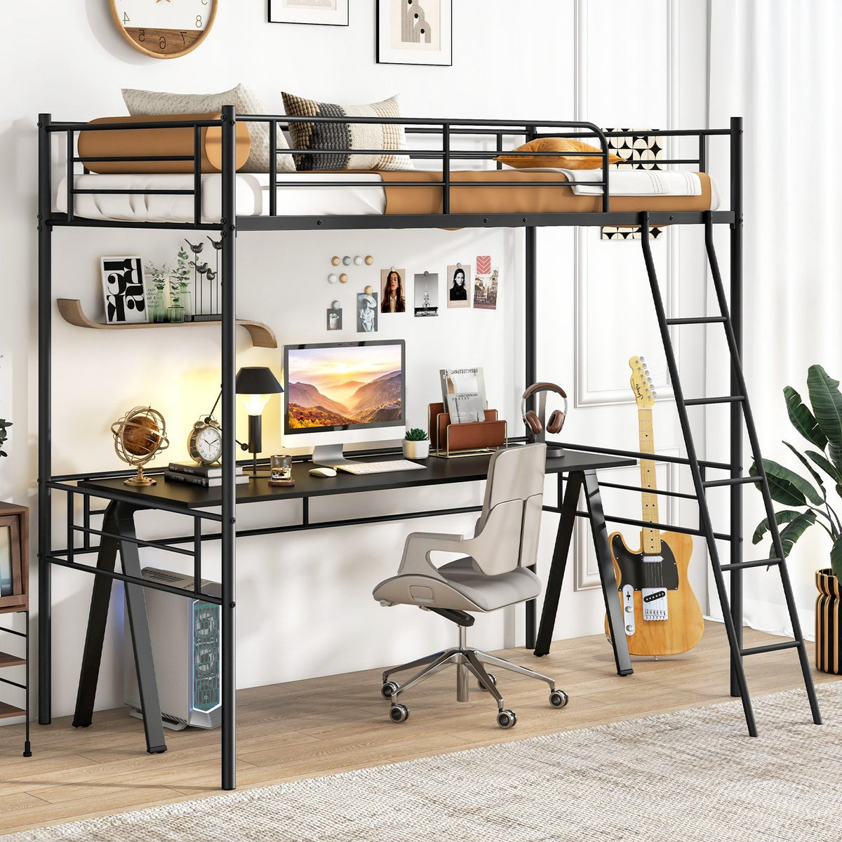Twin Size Loft Bed Metal Bed Frame with Ladder and Guardrails-Black view 2