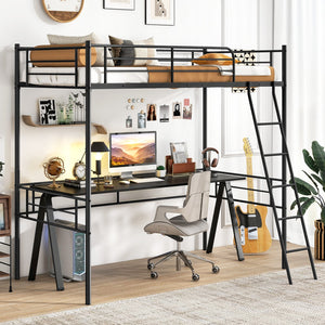 Twin Size Loft Bed Metal Bed Frame with Ladder and Guardrails-Black view 2