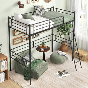 Twin Size Loft Bed Metal Bed Frame with Ladder and Guardrails-Black view 3
