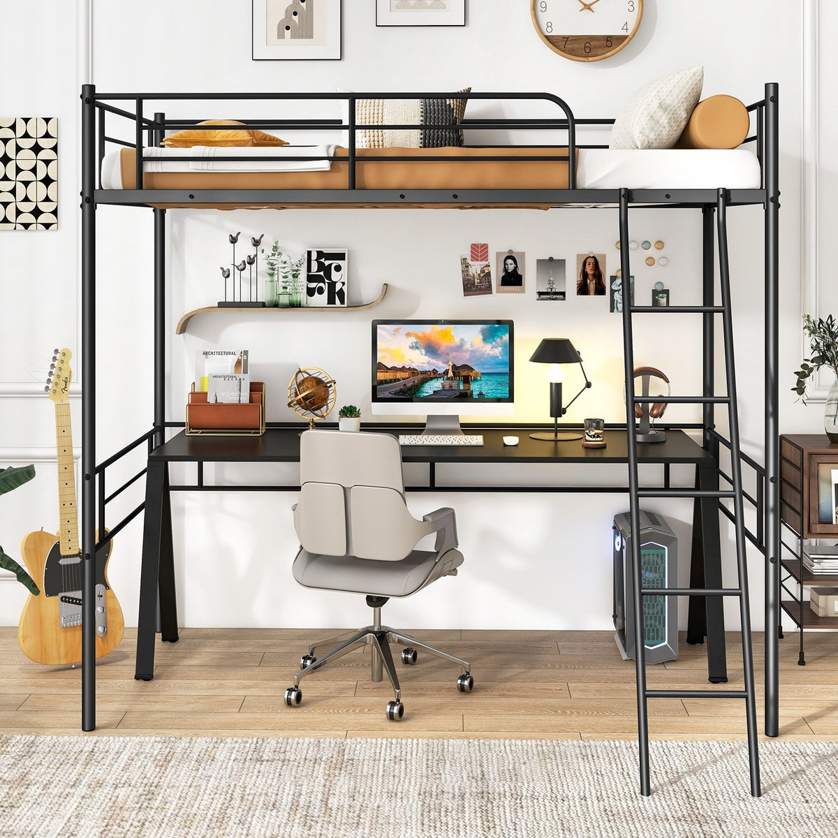 Twin Size Loft Bed Metal Bed Frame with Ladder and Guardrails-Black view 5