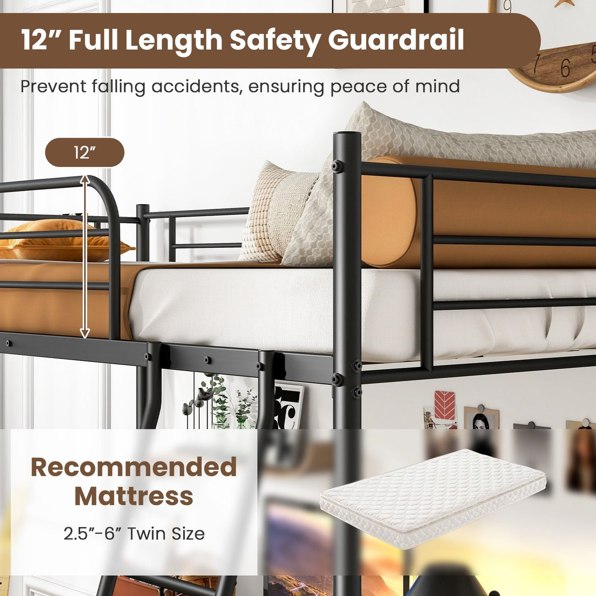 Twin Size Loft Bed Metal Bed Frame with Ladder and Guardrails-Black view 7