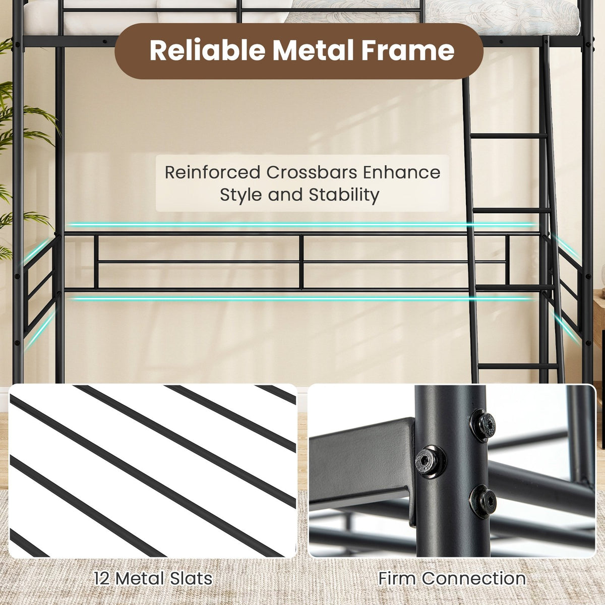 Twin Size Loft Bed Metal Bed Frame with Ladder and Guardrails-Black view 8