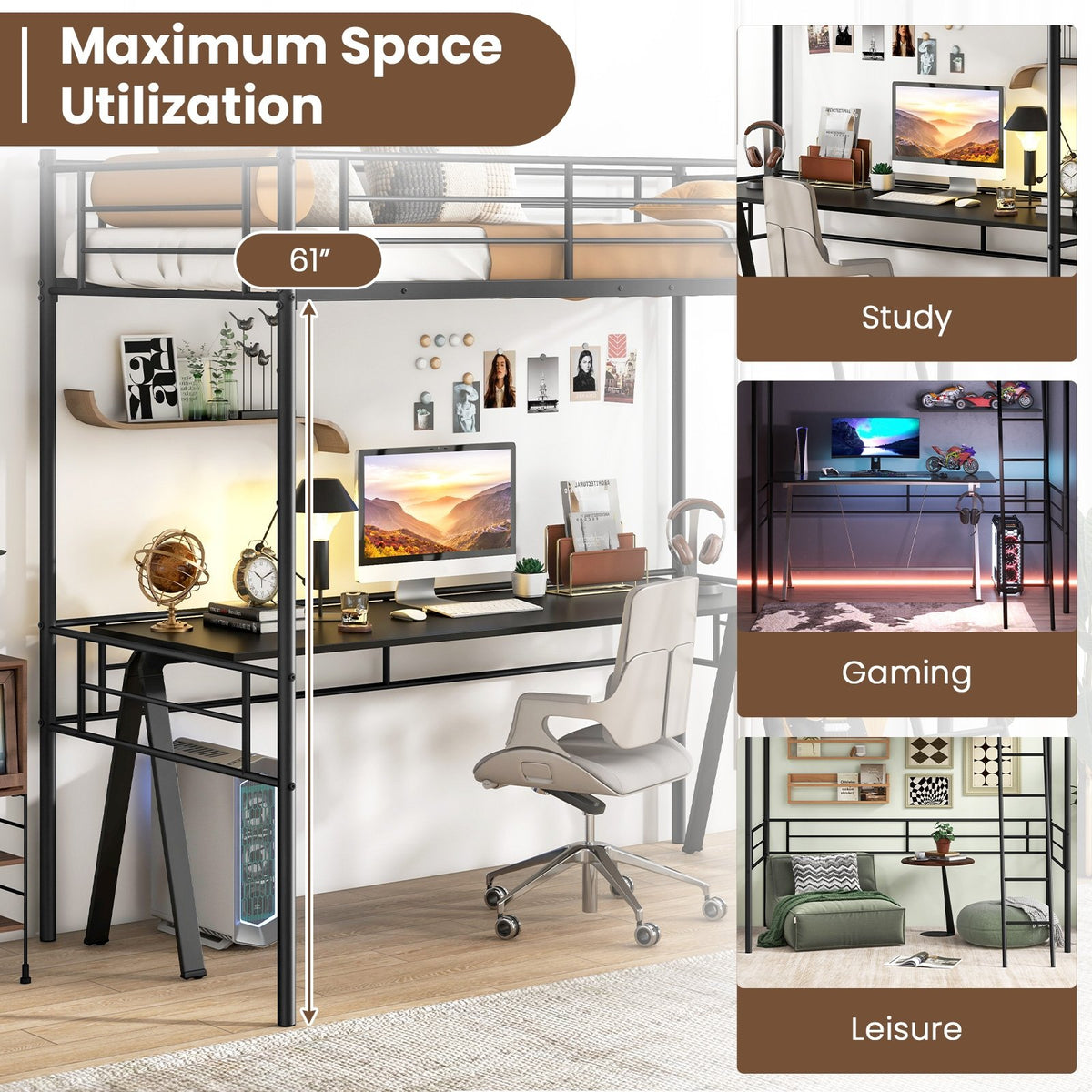 Twin Size Loft Bed Metal Bed Frame with Ladder and Guardrails-Black view 9