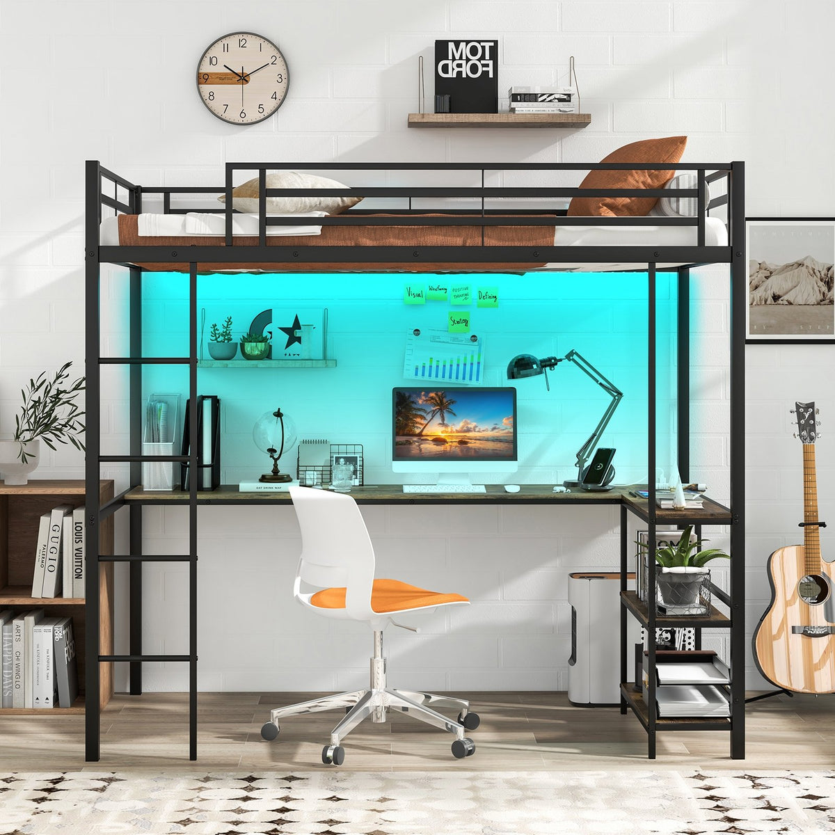 Twin Size Loft Bed Raised Platform Bed with Desk and 2 Storage Shelves-Black view 2