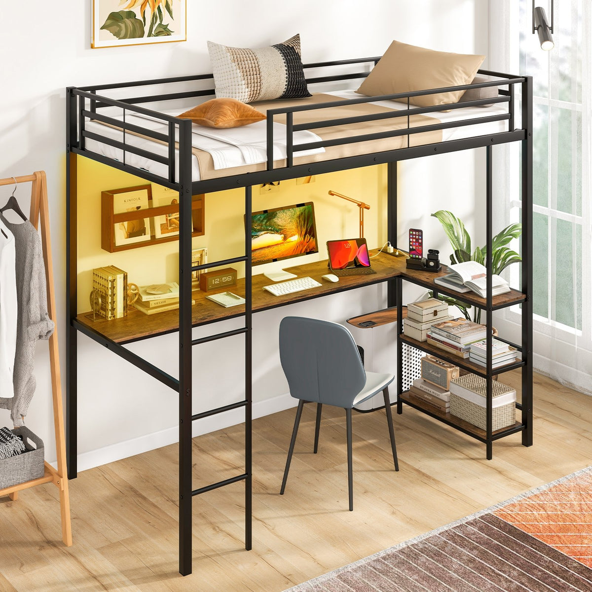 Twin Size Loft Bed Raised Platform Bed with Desk and 2 Storage Shelves-Black view 3