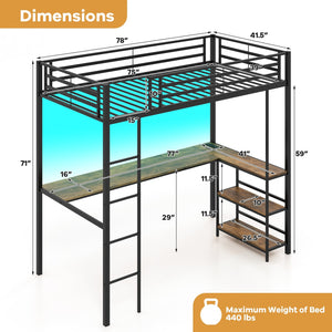 Twin Size Loft Bed Raised Platform Bed with Desk and 2 Storage Shelves-Black view 4
