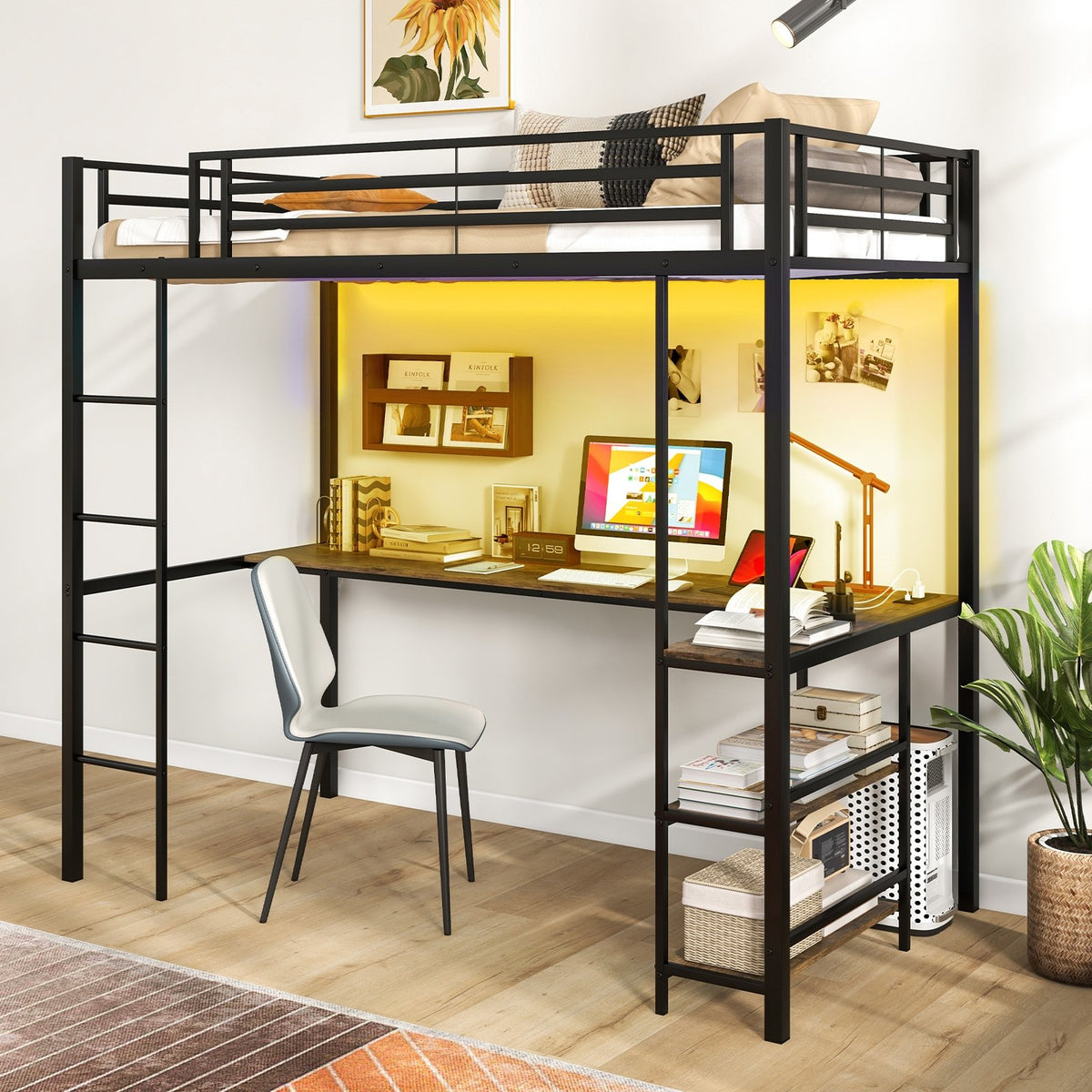Twin Size Loft Bed Raised Platform Bed with Desk and 2 Storage Shelves-Black view 5