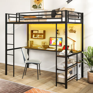 Twin Size Loft Bed Raised Platform Bed with Desk and 2 Storage Shelves-Black view 5