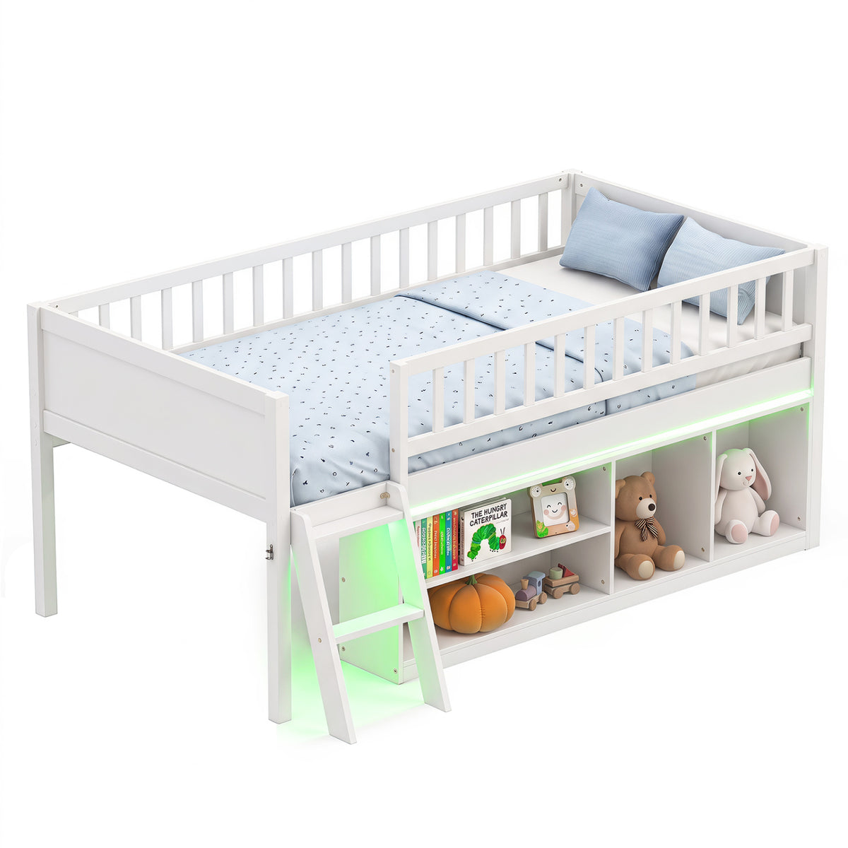 Twin Size Loft Bed with Adjustable LED Lights & Bookshelves and Guardrails for Kids-White