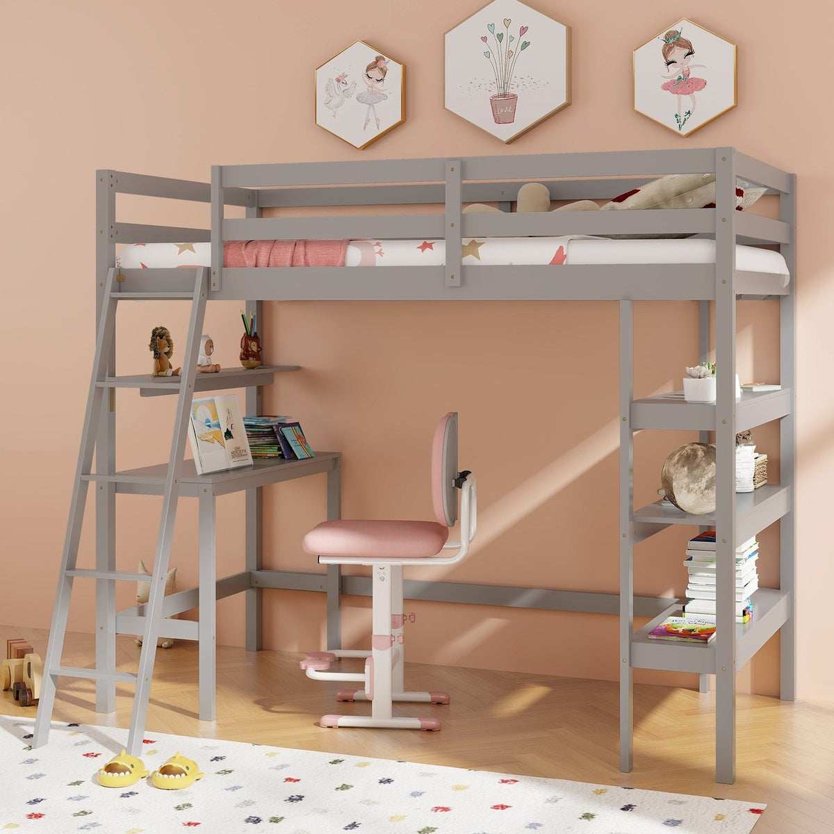 Twin Size Loft Bed with Desk and Bookshelves for Kids and Teens-Gray view 2