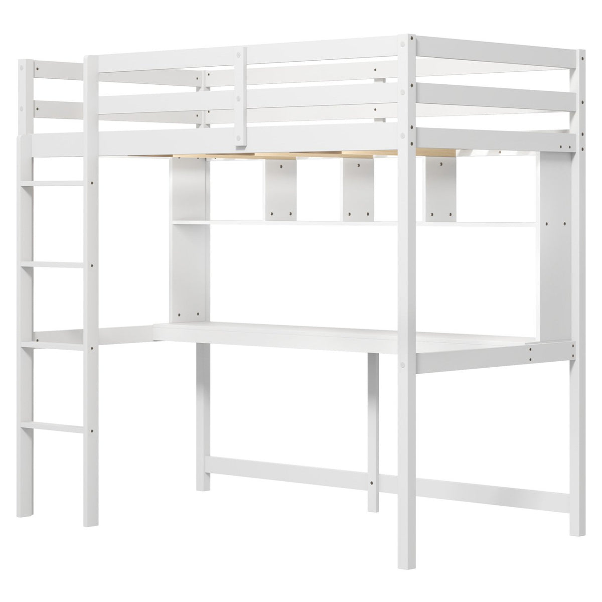 Twin Size Loft Bed with Desk and Shelves for Home Dorm Apartment No Box Spring Needed-White