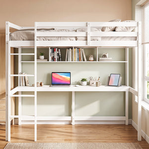 Twin Size Loft Bed with Desk and Shelves for Home Dorm Apartment No Box Spring Needed-White view 2