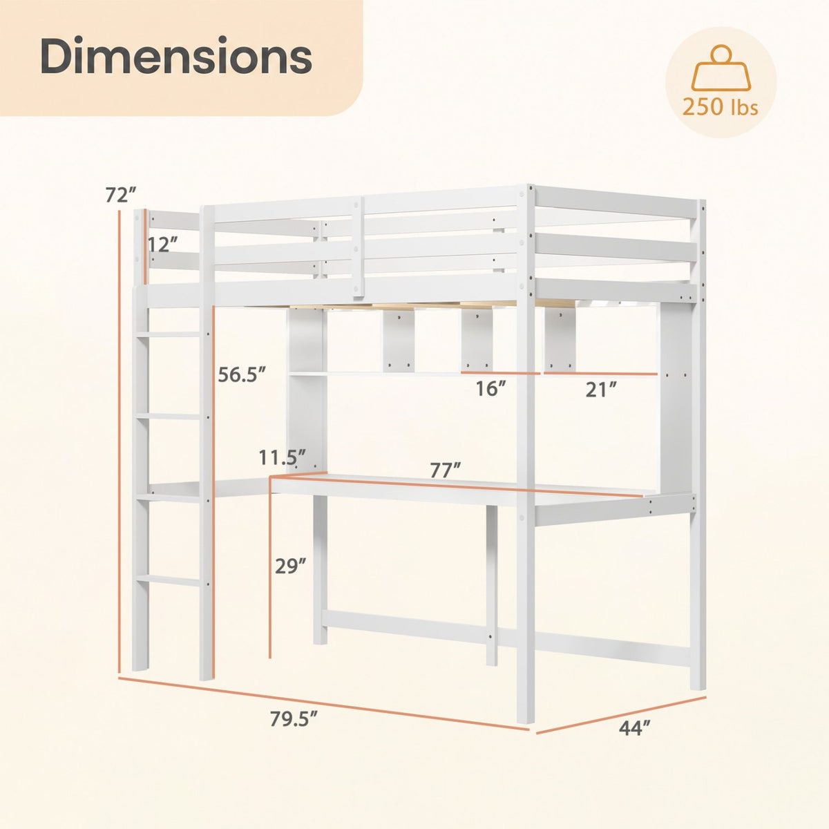 Twin Size Loft Bed with Desk and Shelves for Home Dorm Apartment No Box Spring Needed-White view 4