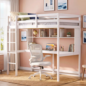 Twin Size Loft Bed with Desk and Shelves for Home Dorm Apartment No Box Spring Needed-White view 5