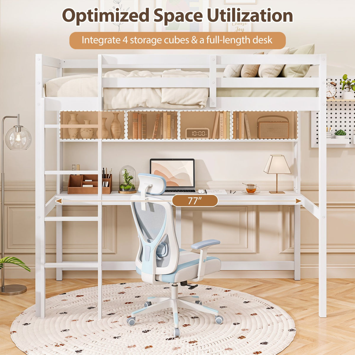 Twin Size Loft Bed with Desk and Shelves for Home Dorm Apartment No Box Spring Needed-White view 6