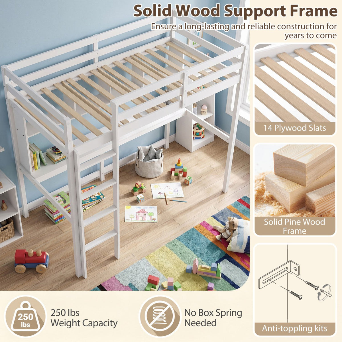 Twin Size Loft Bed with Desk and Shelves for Home Dorm Apartment No Box Spring Needed-White view 7