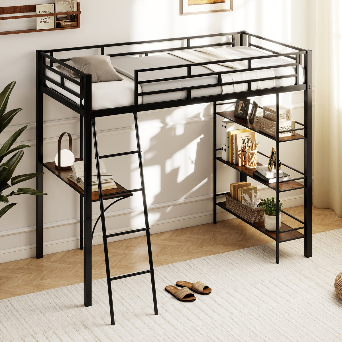 Twin Size Loft Bed with Desk and Shelves for Kids and Home-Black view 2