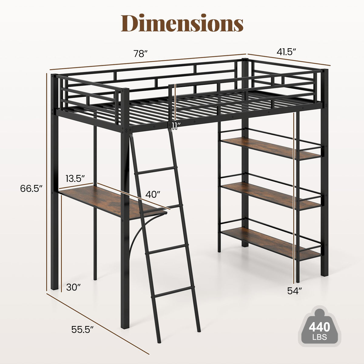 Twin Size Loft Bed with Desk and Shelves for Kids and Home-Black view 4