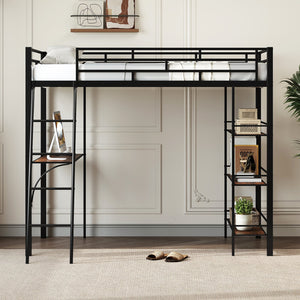 Twin Size Loft Bed with Desk and Shelves for Kids and Home-Black view 5