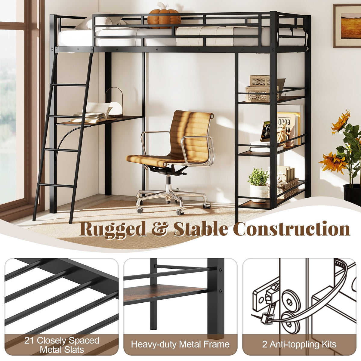 Twin Size Loft Bed with Desk and Shelves for Kids and Home-Black view 6