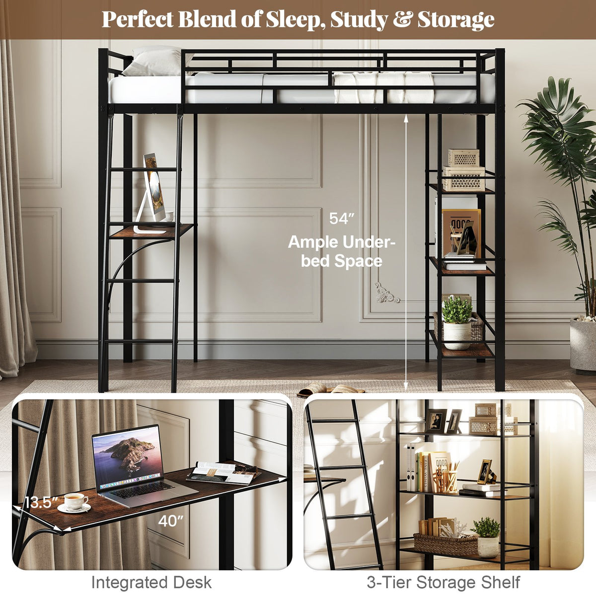 Twin Size Loft Bed with Desk and Shelves for Kids and Home-Black view 7