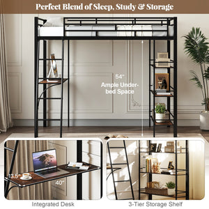 Twin Size Loft Bed with Desk and Shelves for Kids and Home-Black view 7