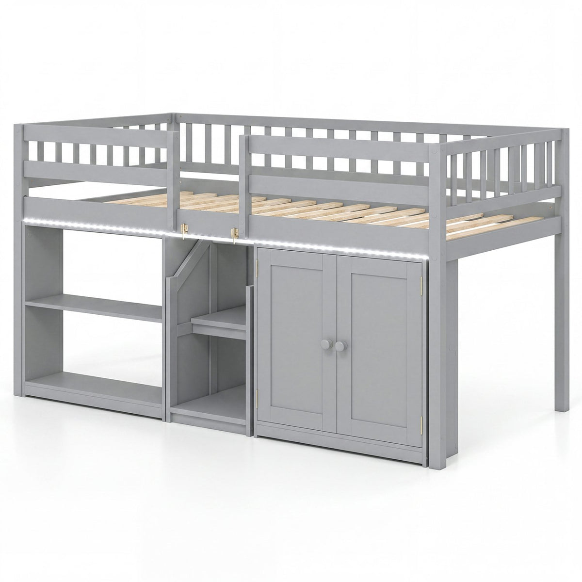 Twin Size Loft Bed with LED Lights and Kids Wooden Bed Frame-Gray