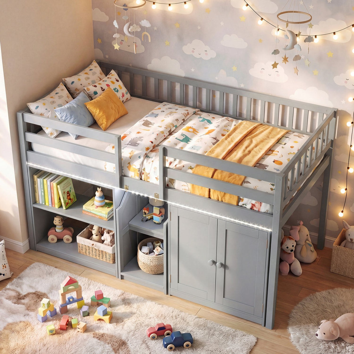Twin Size Loft Bed with LED Lights and Kids Wooden Bed Frame-Gray view 2