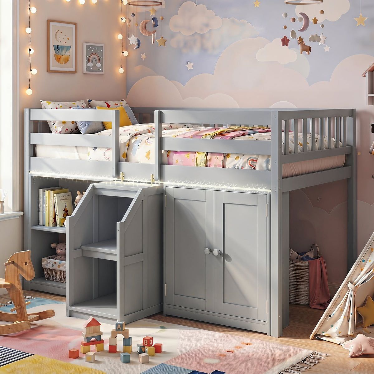 Twin Size Loft Bed with LED Lights and Kids Wooden Bed Frame-Gray view 3