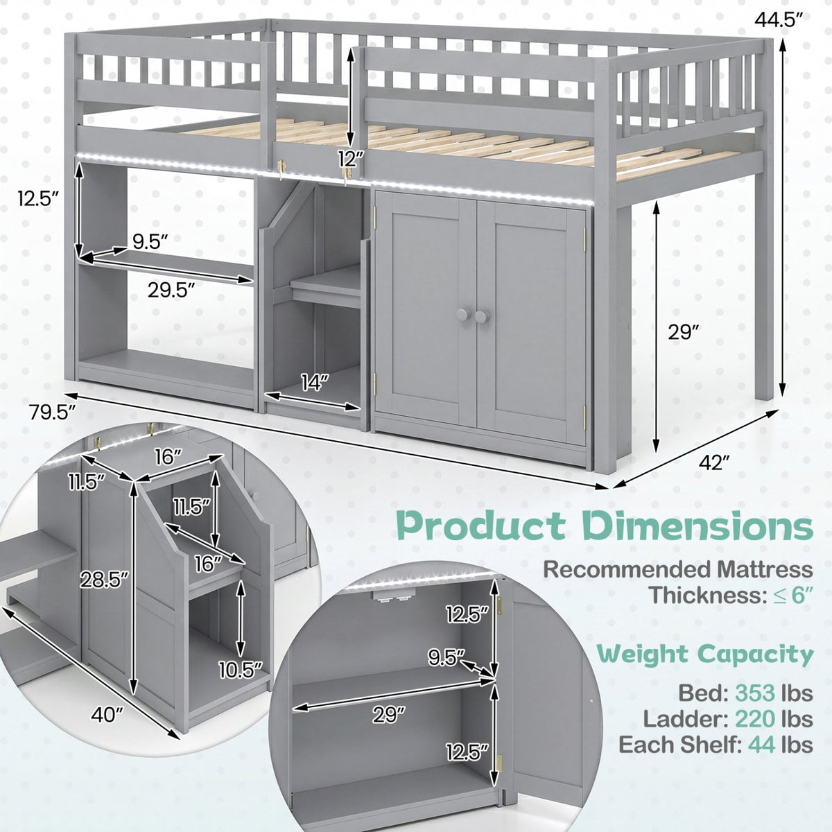 Twin Size Loft Bed with LED Lights and Kids Wooden Bed Frame-Gray view 4